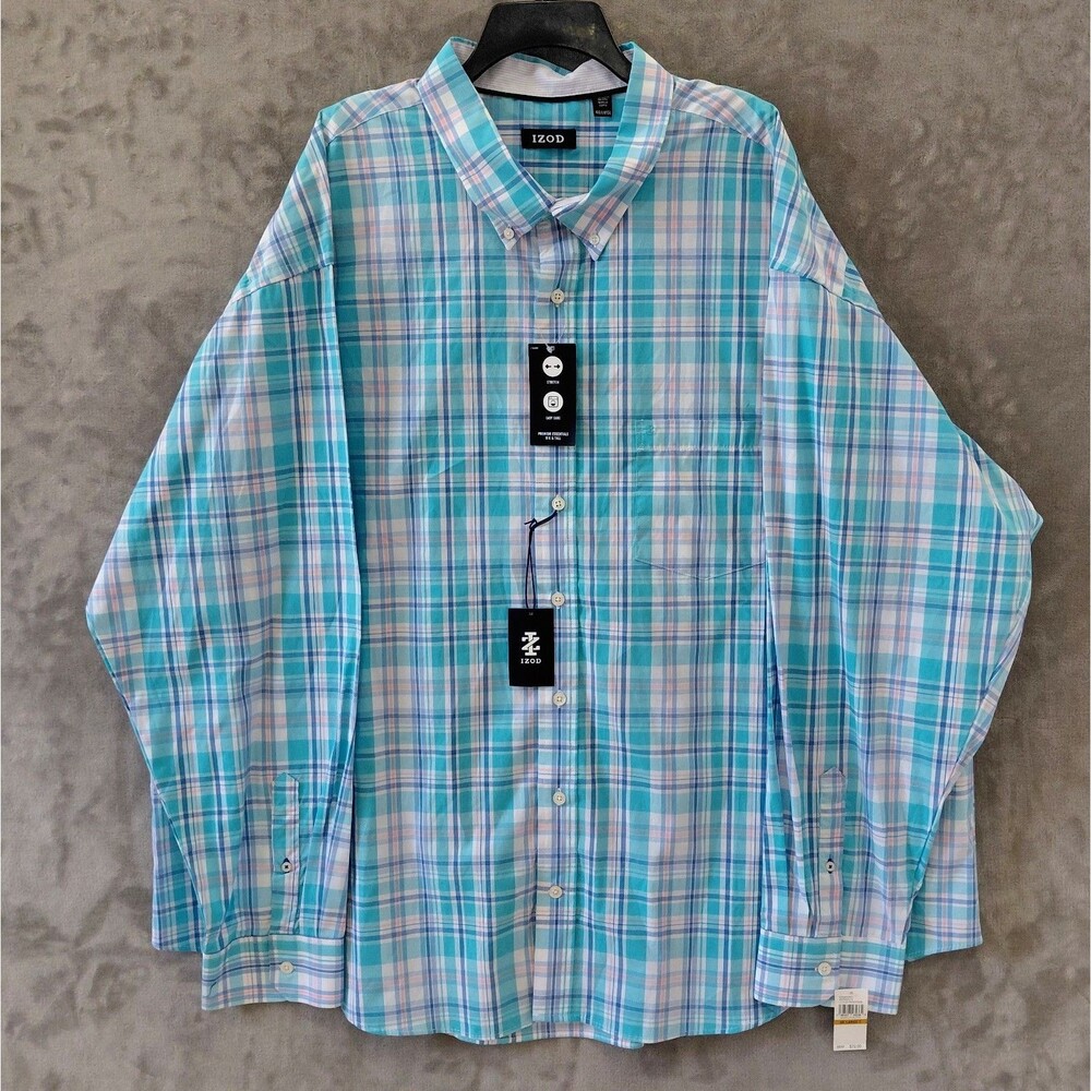 NEW Izod Premium Essentials Button Down Plaid Shirt Men's 4XLT Dress Long Sleeve